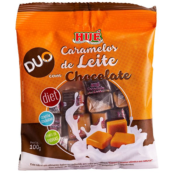 Bala Duo Caramelo de Leite com Chocolate Diet Hué (Sem Adição de Açúcares) Sem Glúten Pacote 100g