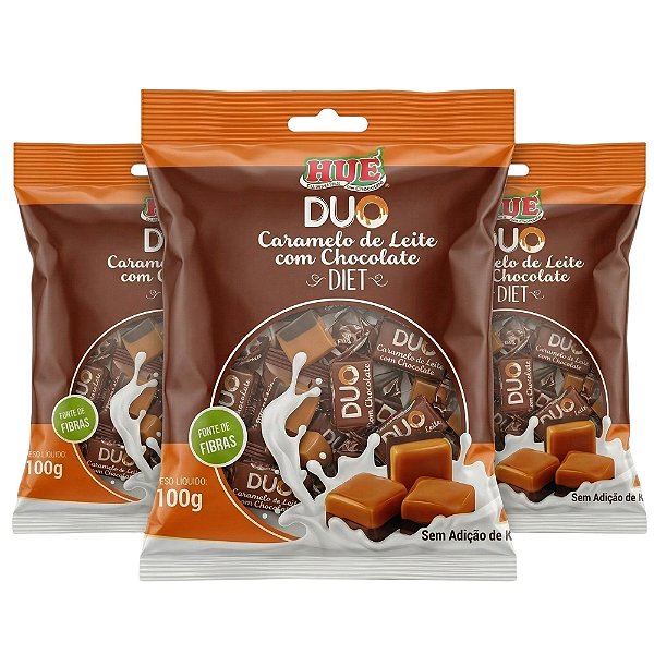 Bala Duo Caramelo de Leite com Chocolate Diet Hué (Sem Adição de Açúcares) Sem Glúten Pacote 100g Kit 3 unidades