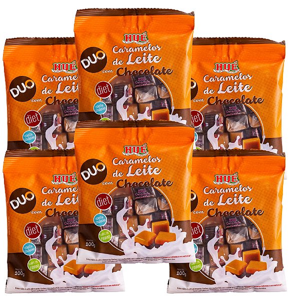 Bala Duo Caramelo de Leite com Chocolate Diet Hué (Sem Adição de Açúcares) Sem Glúten Pacote 100g Kit 6 unidades