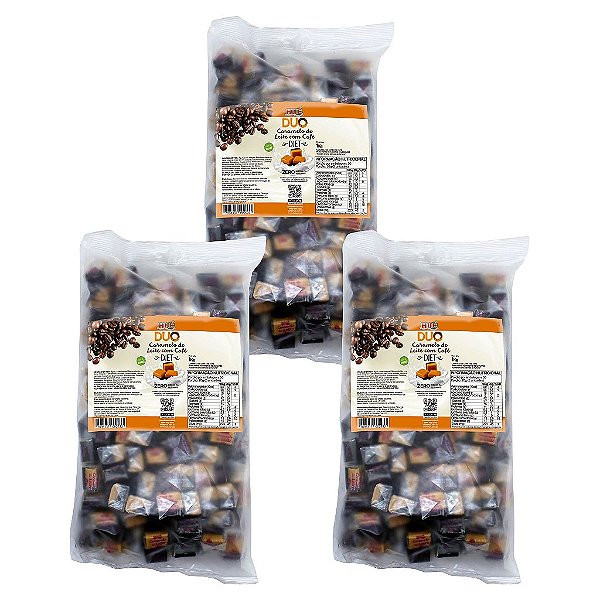 Bala Duo Caramelo de Leite Diet com Café Hué (Sem Adição de Açúcares) Sem Glúten Pacote 1KG Kit 3 unidades