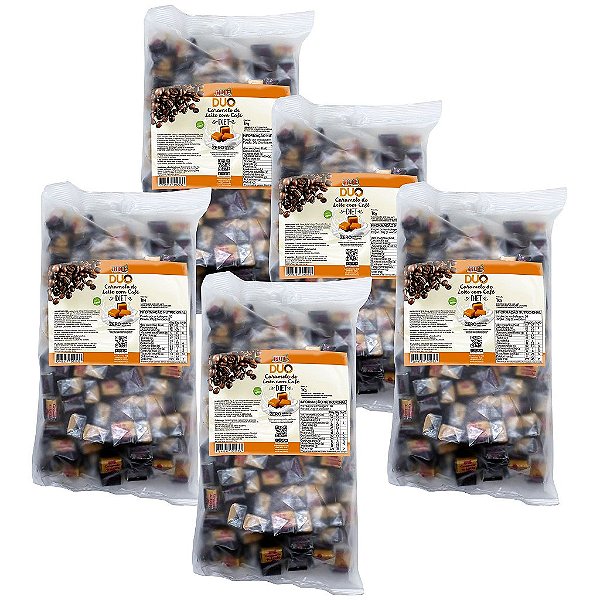 Bala Duo Caramelo de Leite Diet com Café Hué (Sem Adição de Açúcares) Sem Glúten Pacote 1KG Kit 5 unidades