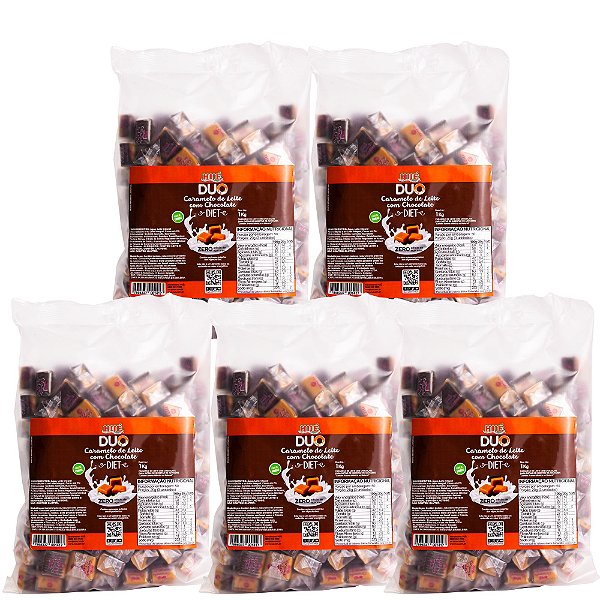 Bala Duo Caramelo de Leite Diet com Chocolate Hué (Sem Adição de Açúcares) Sem Glúten Pacote 1KG Kit 5 unidades