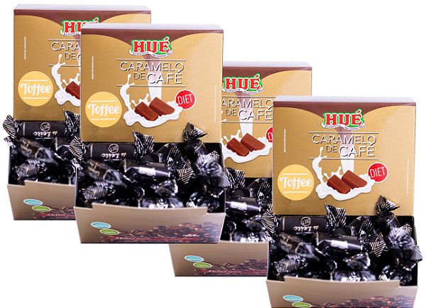 Bala Toffee de Caramelo de Café Diet Hué Sem Glúten Display 500g Kit com 4 unidades