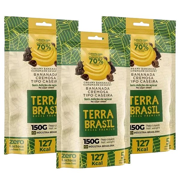 Bananada Cremosa coberta com Chocolate 70% Cacau Sem Adição de Açúcares Terra Brasil Kit com 3 pacotes com 5 Unidades de 30g em cada