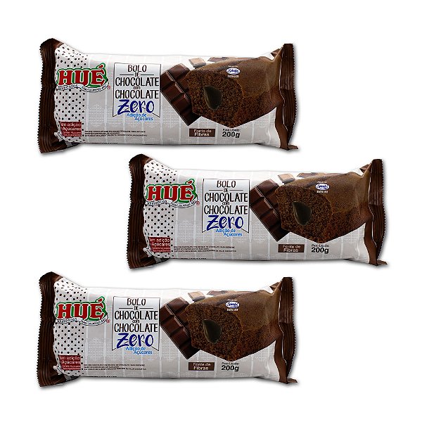 Bolo de Chocolate com Recheio de Chocolate Hué Zero(Sem Adição de Açúcares) 200g - Kit 3 unidades