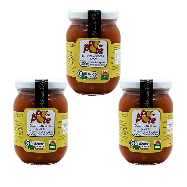 Doce de Abóbora com Coco Orgânico 300g com Açúcar Sem Glúten Sem Lactose Do Pé ao Pote Kit 3 unidades