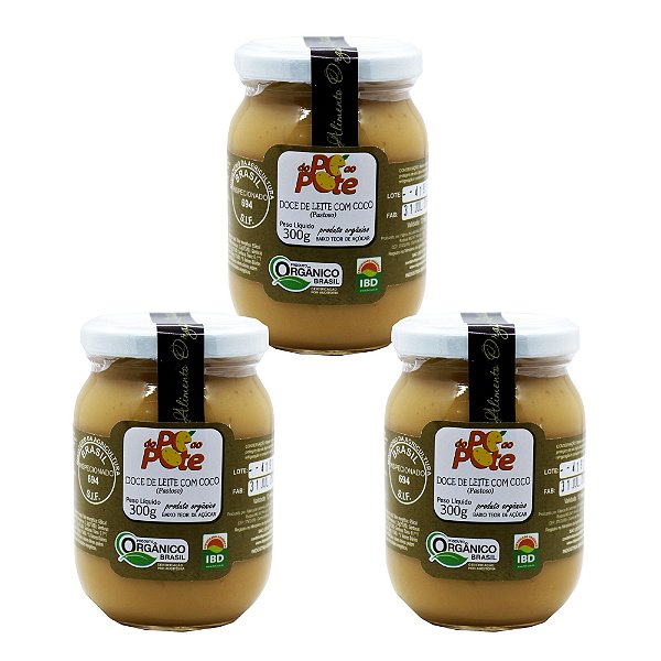 Doce de Leite com Coco Orgânico 300g com Açúcar Sem Glúten Do Pé ao Pote Kit 3 unidades