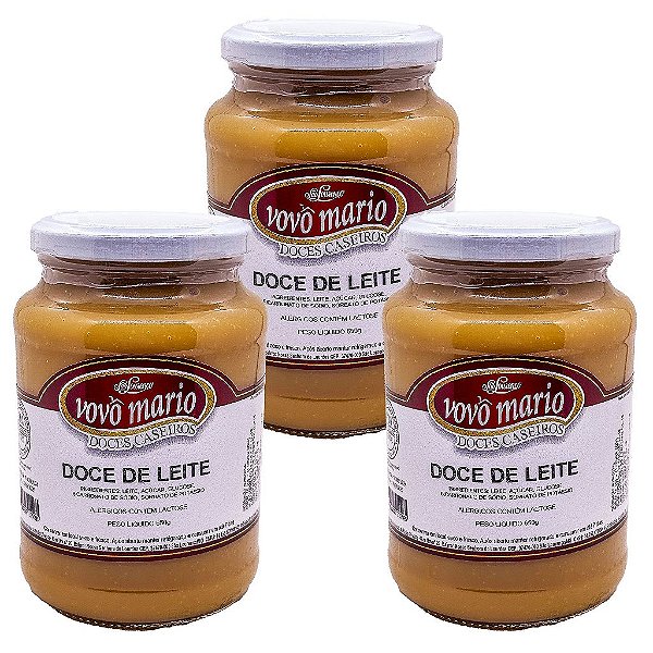 Doce de Leite Puro Tradicional com Açúcar Sem Glúten Pote 650g​ Doce Vovô Mário Kit 3 unidades