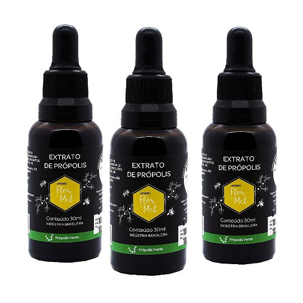 Extrato de Própolis Verde 30 ml Conta Gotas Sem Glúten Apiário Flor de Mel Kit 3 unidades