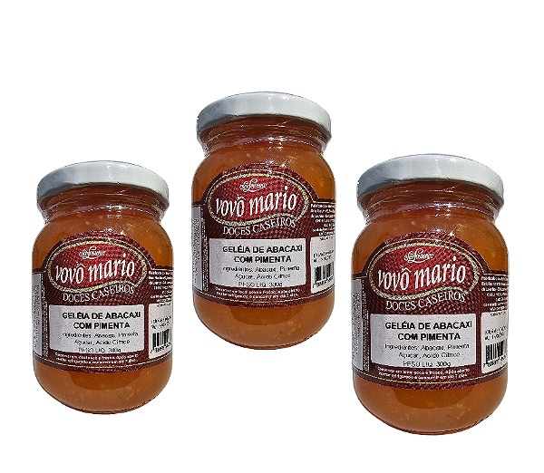 Geleia de Abacaxi com Pimenta com Açúcar Sem Glúten Pote 300g​ Doce Vovô Mário Kit 3 unidades