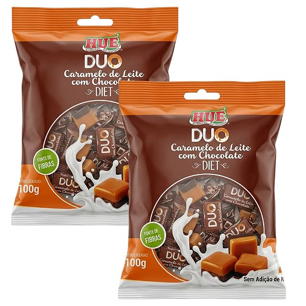 Bala Duo Caramelo de Leite com Chocolate Diet Hué (Sem Adição de Açúcares) Sem Glúten Pacote 100g Kit 2 unidades