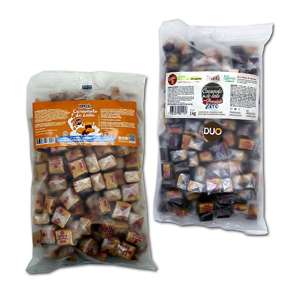 Balas de Caramelo de Leite Sem Açúcar Hué Alimentos 1 Pacote Puro E 1 Pacote Duo Caramelo de Leite com Chocolate