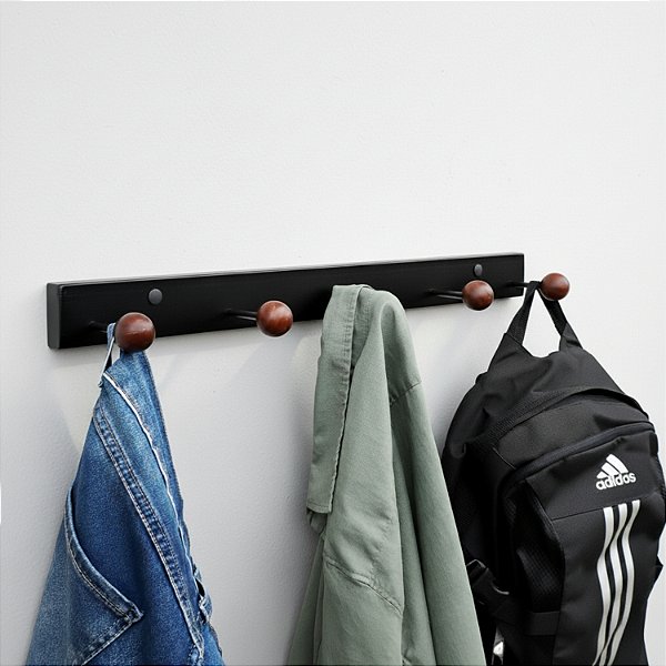 Cabideiro de Parede Vigaponto — 5 Ganchos, Aço e Esferas de Madeira - Preto