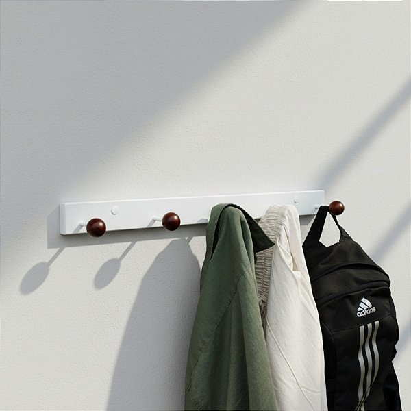 Cabideiro de Parede Vigaponto — 5 Ganchos, Aço e Esferas de Madeira - Branco