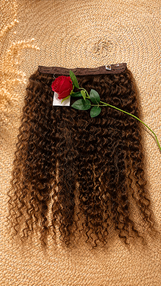 APLIQUE DE CABELO HUMANO CACHEADO 60CM TIC TAC E FIO INVISIVEL COR CASTANHO MÉDIO PERSONALIZADO 54
