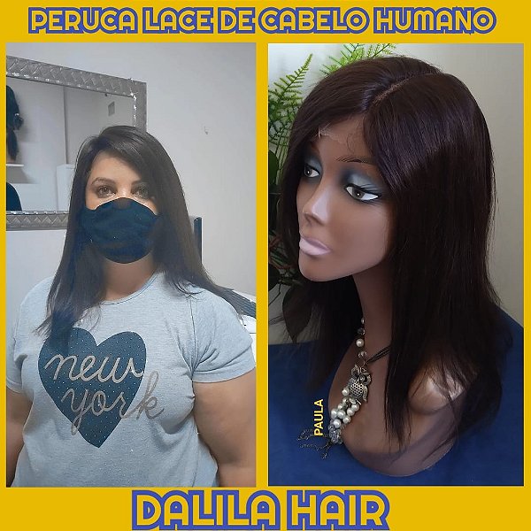 Peruca Paula Lace Cabelos Humanos Lisa Castanho escuro 45 cm