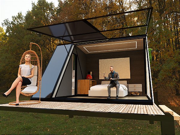 Glamping Glass com  Deck  Luxo   (15,2m2)    (Mine Copa / Banheiro completo e Pérgola motorizada)