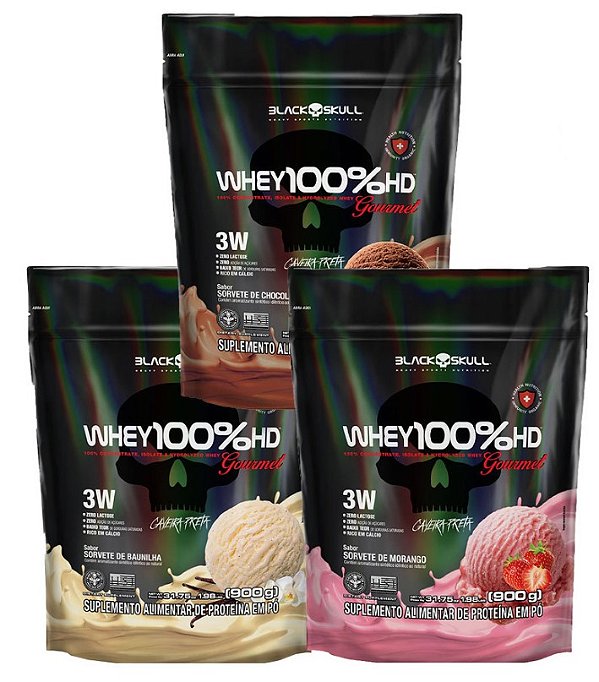 3X WHEY 100%HD GOURMET 900G REFIL - Caveira Suplementos - SEU COMBO DE SUPLEMENTOS !