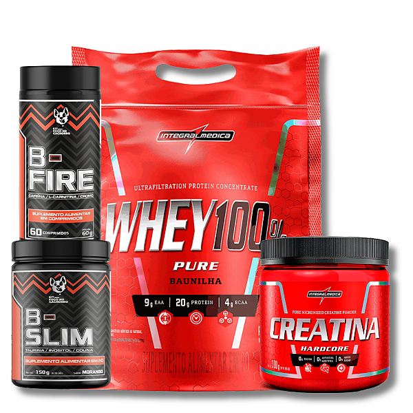KIT EMAGRECEDOR WHEY PROTEIN 907G + CREATINA 300G + B- FIRE + B- SLIM