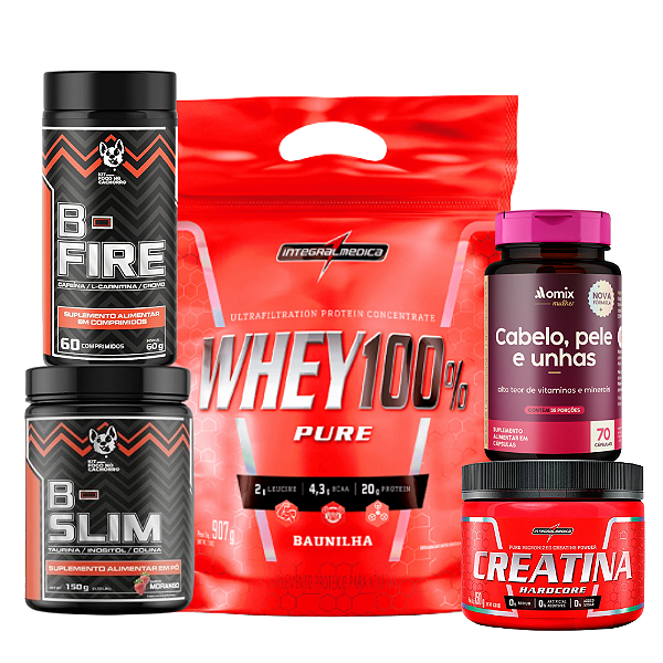 COMBO PERFORMANCE E ESTÉTICA (B- FIRE + B- SLM + CREATINA 150G + WHEY PROTEIN 900G + CABELO, PELE E UNHA OMIX)