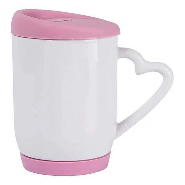 Caneca Cerâmica Branca Alça Coracão Tampa Rosa 365ml