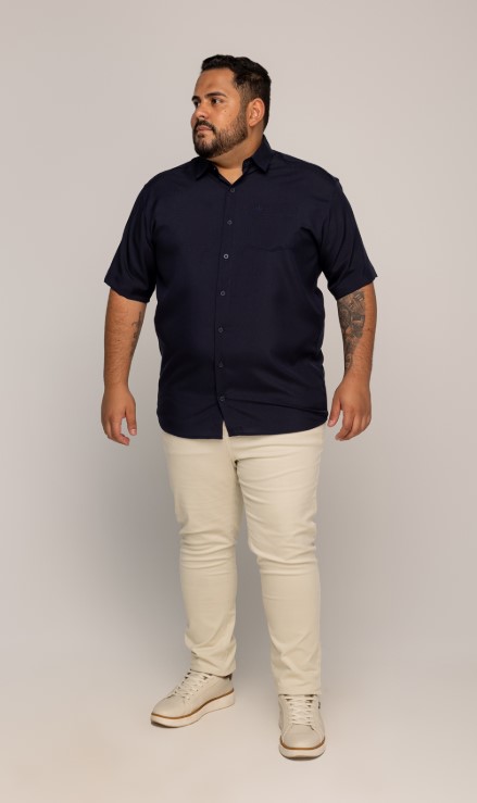 Camisa Social Masculina Marinho Manga Curta Microfibra