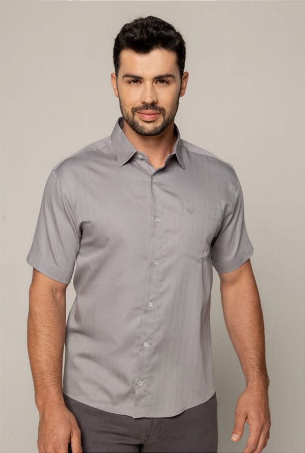 Camisa Social Masculina Cinza Manga Curta Microfibra