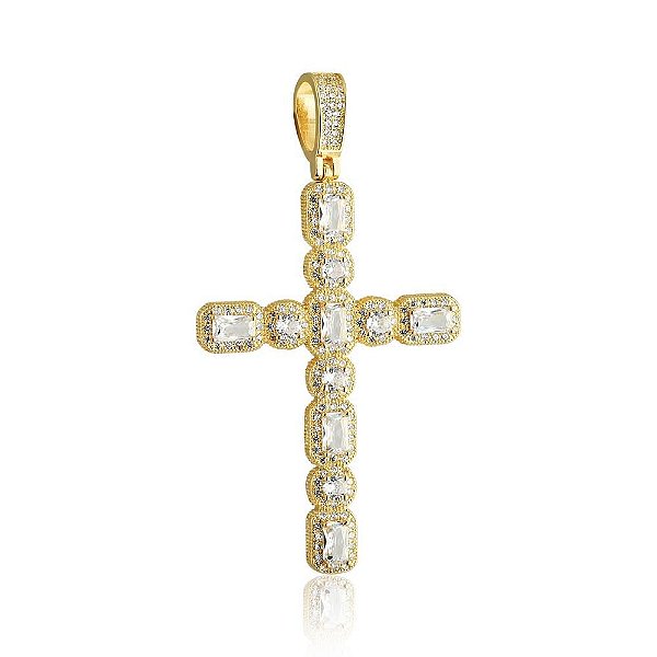Pingente de Crucifixo Cravejado Zircônias Cristal - Banho de Ouro 18k