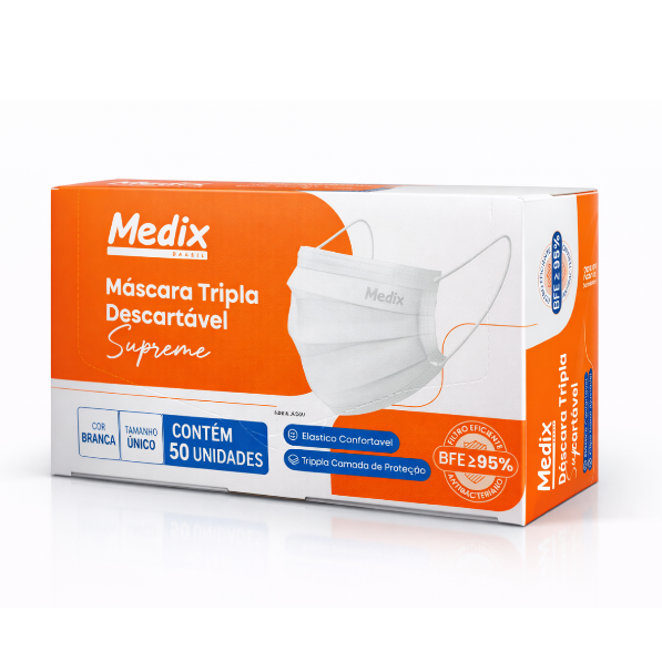 Máscara Branca Tripla Camada C/ Elástico Medix 50un.
