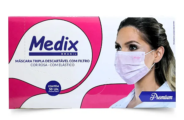 Máscara Rosa Tripla Camada C/ Elástico Medix 50un.