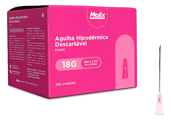 Agulha Hipodermica 18G 40x1,20mm Rosa Medix 100 uni