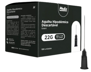 Agulha Hipodermica 22G 30x0,70mm Preta Medix 100 uni