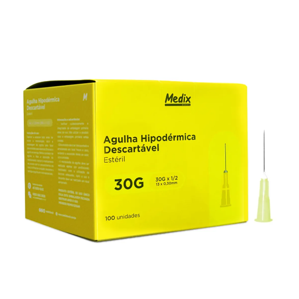 Agulha Hipodermica 30G 13x0,30mm Amarela Medix 100 uni