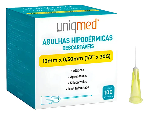 Agulha Hipodermica 30G 13x0,30mm Amarela Uniqmed 100 uni