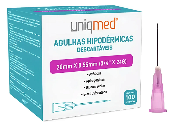 Agulha Hipodermica 24G 20x0,55mm Roxa Uniqmed 100 uni