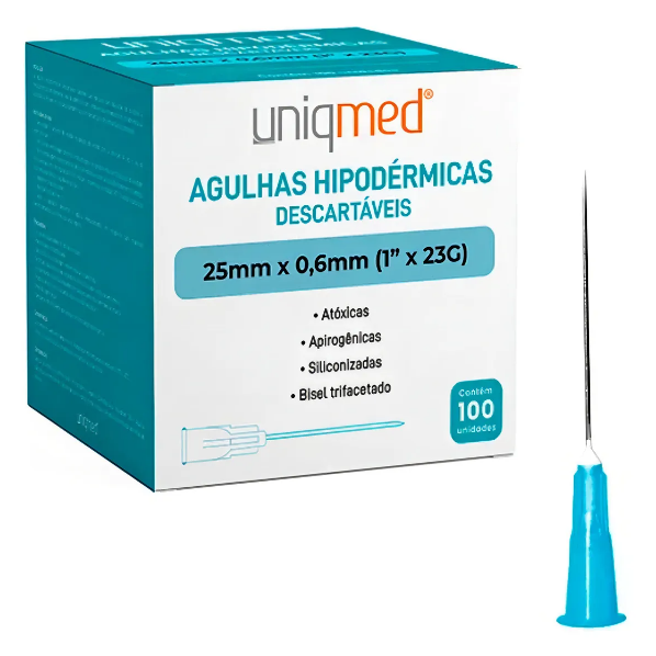 Agulha Hipodermica 23G 25x0,60mm Azul Uniqmed 100 uni
