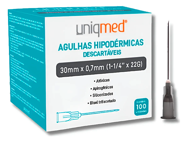 Agulha Hipodermica 22G 30x0,70mm Cinza Uniqmed 100 uni