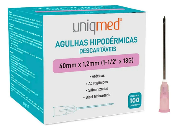 Agulha Hipodermica 18G 40x1,20mm Rosa Uniqmed 100 uni