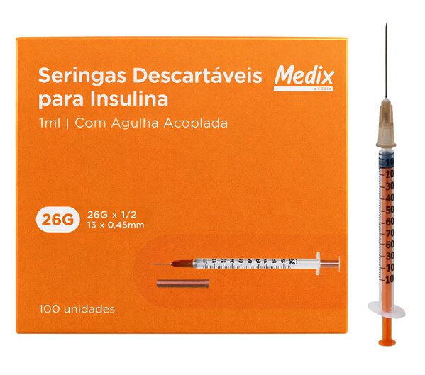 Seringa Insulina c/ Agulha 13x0.45 26G 1 ml Medix 100 uni