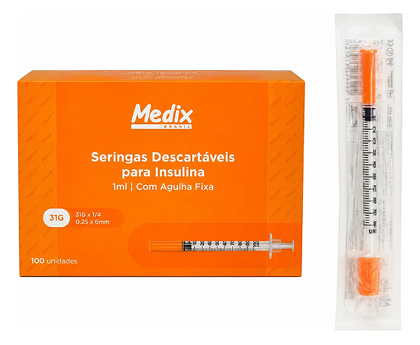 Seringa Insulina c/ Agulha 6x0.25 31G 1 ml Medix 100 uni