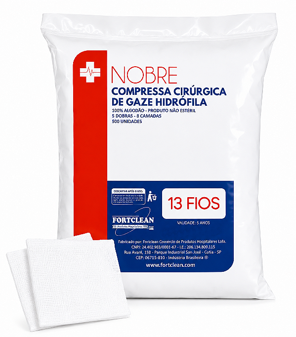 Gaze 13 Fios Nobre Fortclean 500 unidades Compressa 8 Camadas 5 Dobras