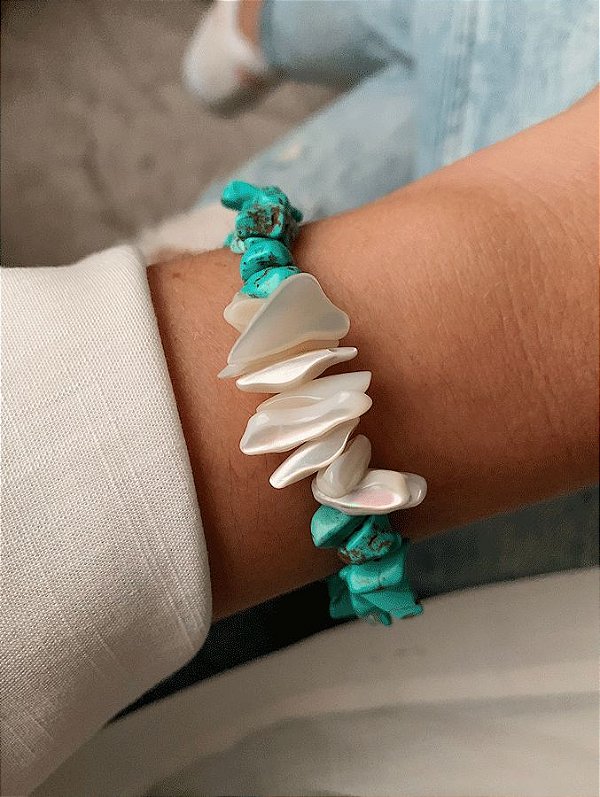 Pulseira Cascalho Turquesa e Madrepérola