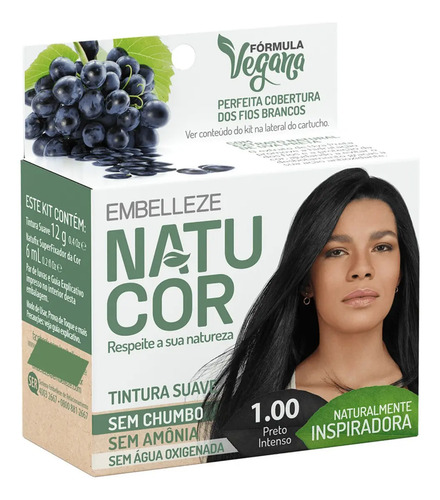 Tintura Capilar Natucor Vegana Sem Amônia 1.00 Preto Intenso
