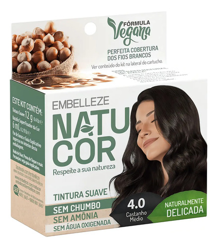 Tintura Capilar Natucor Vegana Sem Amônia 4.0 Castanho Médio