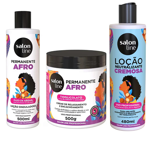 Kit Permanente Afro Salon Line Completo 3 Produtos