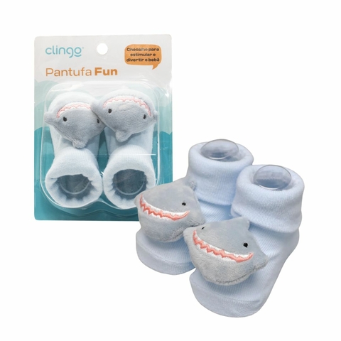 Pantufa Meia Infantil Baby Antiderrapante Azul com Chocalho Tubarão - Clingo
