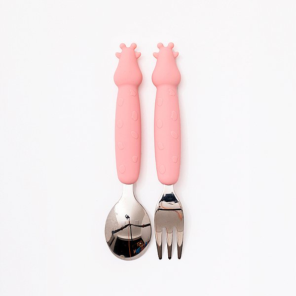 KIT TALHER INFANTIL EM AÇO INOXIDÁVEL E SILICONE ROSA PETIT PIÁ