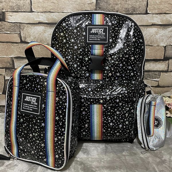 Conjunto de mochila listrada com padrão de estrela da justiça, estrelas pretas