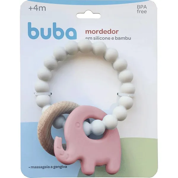 Mordedor em Silicone e Bambu Elefante Rosa (4m+) - Buba