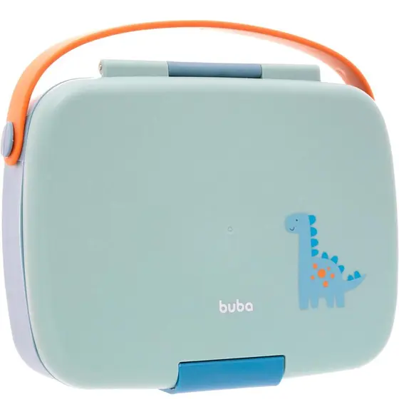 Lancheira Bento Box com talher inox Marmita Magic Dino Buba Verde Azul com alça lanche Dinossauro menino infantil
